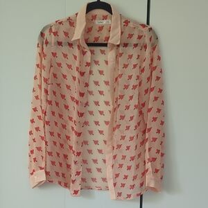 Sheer Button Down Shirt with Red Butterfly Print